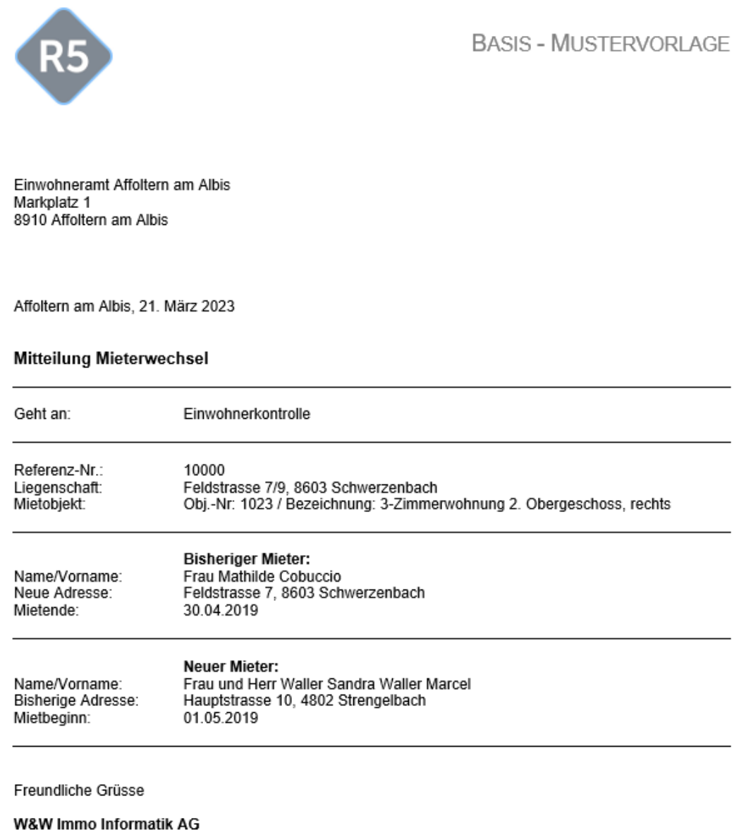 Fertiger Serienbrief «Mitteilung Mieterwechsel» an die Einwohnerkontrolle: Referenz-Nr., Liegenschaft, Mietobjekt sowie die Blöcke «Bisheriger Mieter» und «Neuer Mieter».