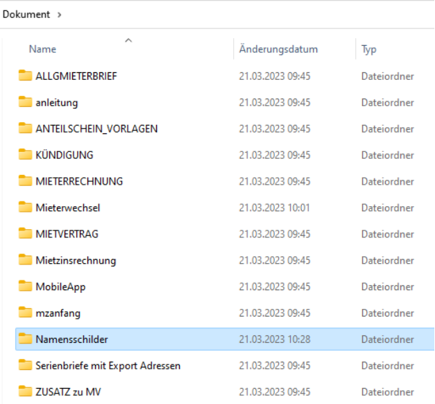 Windows-Explorer im Rimo-Ordner «Dokument»: markiert ist der Unterordner «Namensschilder», daneben unter anderem Mieterwechsel, MobileApp und «Serienbriefe mit Export Adressen».