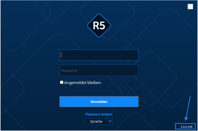 Anmeldemaske mit Benutzername, Passwort, «Angemeldet bleiben» und Sprachwahl; unten rechts blau umrandet die installierte Version, hier 5.4.0.356.