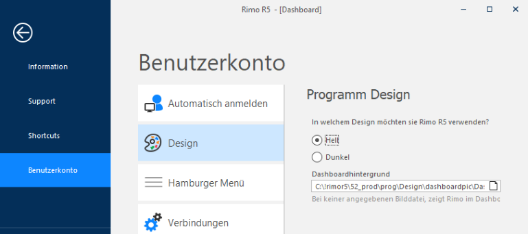 Benutzerkonto / Design: Auswahl «Hell» oder «Dunkel» für das Programm-Design und darunter das Feld «Dashboardhintergrund» mit dem Pfad zur Bilddatei.