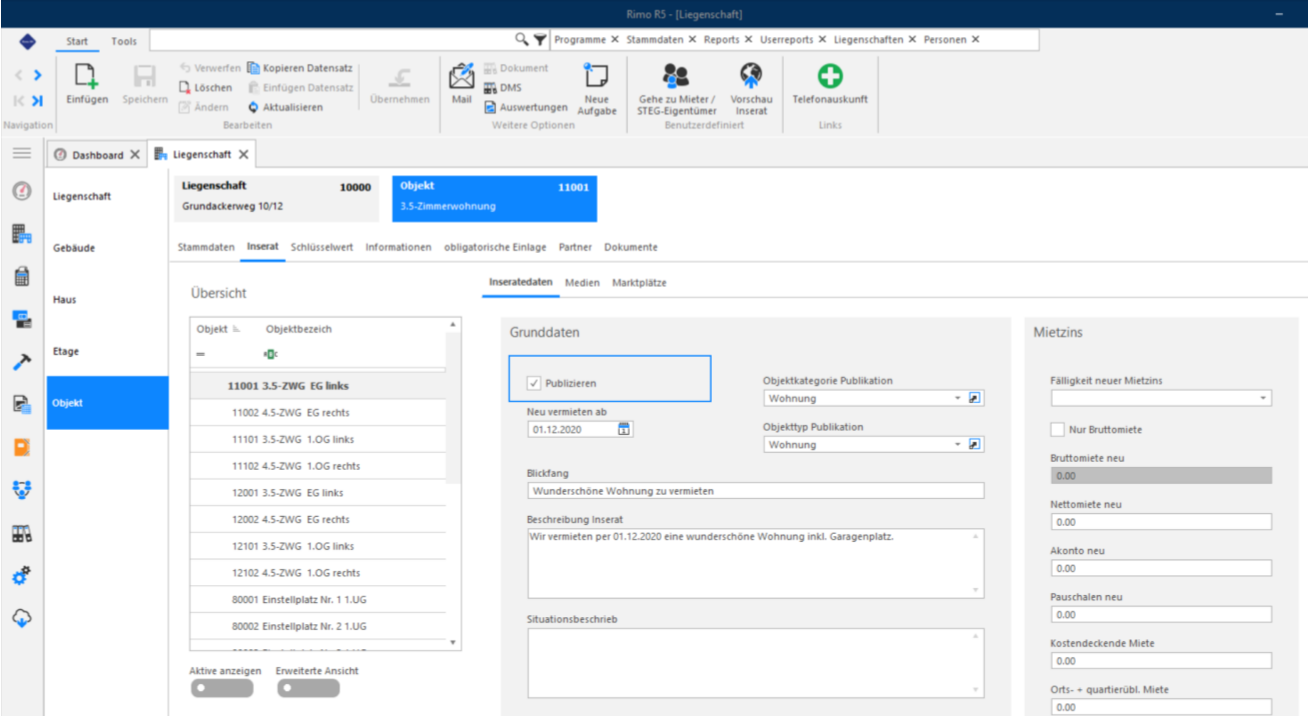 Register Inserat / Inseratedaten mit hervorgehobenem Häkchen «Publizieren» - nur Objekte mit gesetztem Flag werden exportiert.