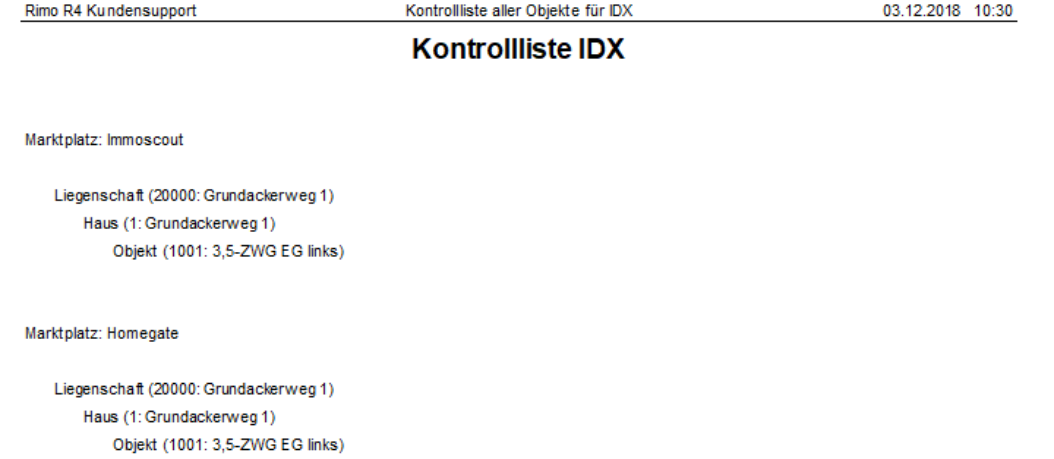 Report «Kontrollliste IDX»: je Marktplatz eine Gruppe, darunter die exportierten Liegenschaften, Häuser und Objekte.