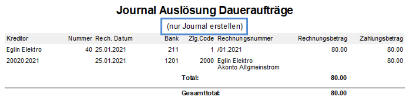 Report «Journal Auslösung Daueraufträge» mit dem blau umrandeten Zusatz «(nur Journal erstellen)»: je Zeile Kreditor, Nummer, Rechnungsdatum, Bank, Zlg.Code, Rechnungsnummer und Betrag.
