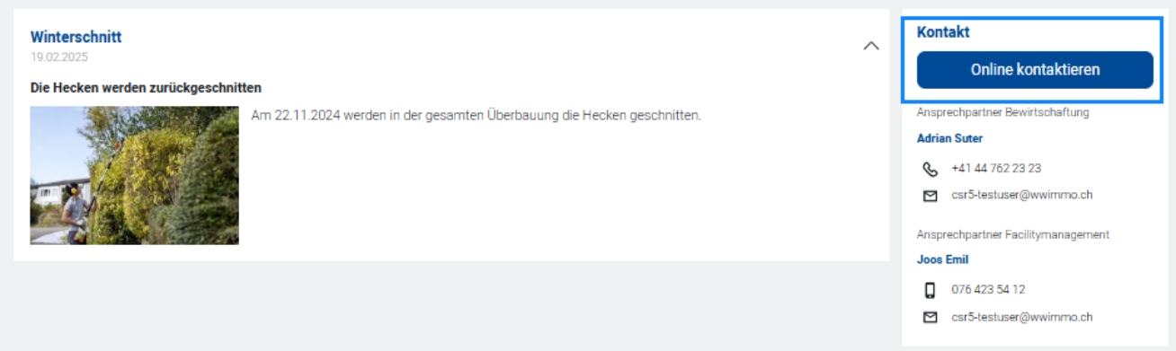 Portal-Dashboard mit einer Mitteilung samt Bild; rechts blau umrandet der Block «Kontakt» mit der Schaltfläche «Online kontaktieren» und den Ansprechpartnern Bewirtschaftung und Facilitymanagement.