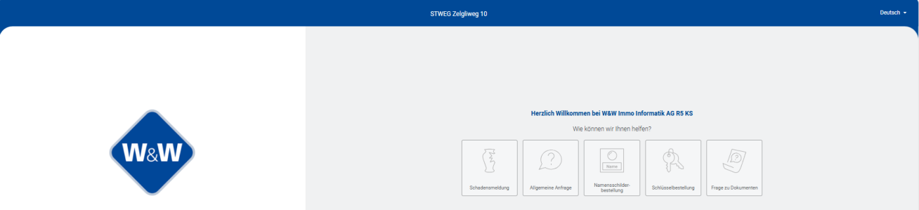 Easy-Contact nach dem Klick auf «Online kontaktieren»: Begrüssung und die fünf Kacheln Schadensmeldung, Allgemeine Anfrage, Namensschilderbestellung, Schlüsselbestellung und Frage zu Dokumenten.