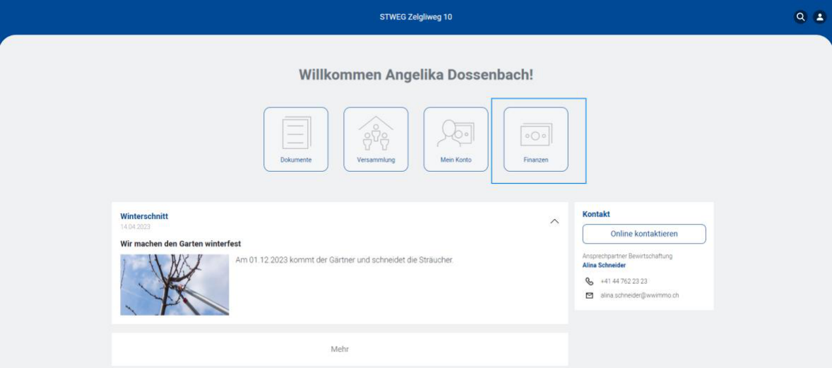 Portal-Startseite eines Eigentümers, der auch Revisor ist: neben Dokumente, Versammlung und Mein Konto ist zusätzlich die blau umrandete Kachel «Finanzen» eingeblendet.