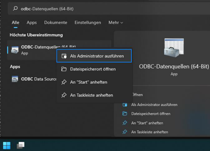 Windows-Suche nach «odbc-Datenquellen (64-Bit)» mit aufgeklapptem Kontextmenü; hervorgehoben ist «Als Administrator ausführen».