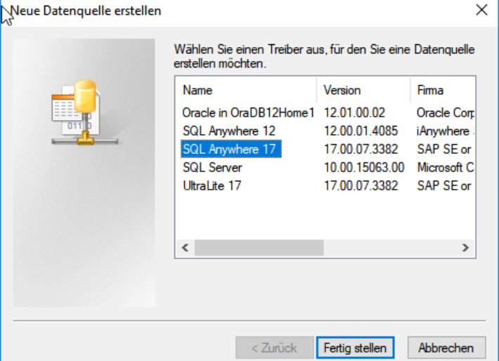 Dialog «Neue Datenquelle erstellen» mit der Treiberliste; markiert ist «SQL Anywhere 17», Version 17.00.07.3382 von SAP SE.