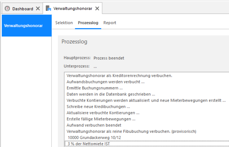 Prozesslog zur Verbuchung als Kreditorenrechnung: Aufwandbuchungen verbuchen, Buchungsnummern ermitteln, Kontierungen aktualisieren, Mieterbewegungen erstellen, Aufwand verbuchen beendet.