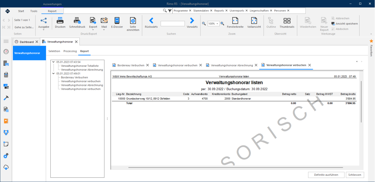 Report «Verwaltungshonorar listen» für die Liegenschaft ohne Kredimodul, noch provisorisch: Code, Aufwandkonto 4700, Kreditorenkonto 2000 und Betrag brutto.