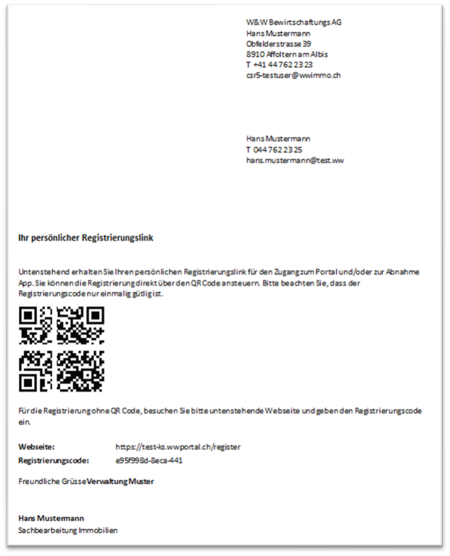 Der erzeugte Aufschaltungsbrief «Ihr persönlicher Registrierungslink»: QR-Code für die Registrierung, dazu Webseite und Registrierungscode als Alternative; der Code gilt nur einmal.