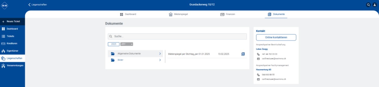 Liegenschaft, Register «Dokumente» im Portal: Jahresfilter, links die Ordner «Allgemeine Dokumente» und «Bilder», rechts das gewählte Dokument mit Datum und Öffnen-Symbol.