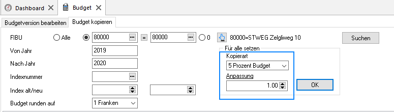Register «Budget kopieren» mit Kopierart «5 Prozent Budget» und dem Feld «Anpassung» für den Prozentwert.