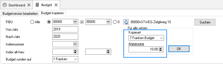 Register «Budget kopieren» mit Kopierart «7 Franken Budget» und dem Feld «Anpassung» für den Frankenbetrag.