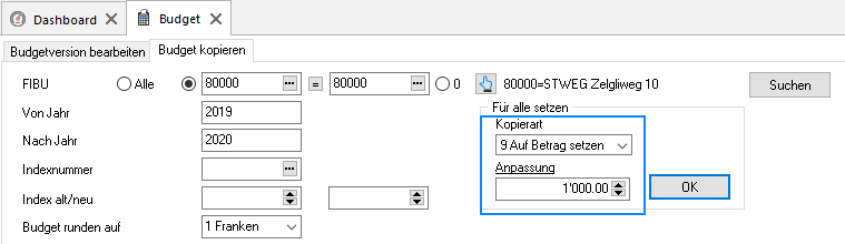 Register «Budget kopieren» mit Kopierart «9 Auf Betrag setzen» und dem Feld «Anpassung» für den Betrag, auf den alle Konten gesetzt werden.