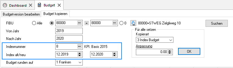 Register «Budget kopieren» mit Kopierart «3 Index Budget»: hervorgehoben «Indexnummer» (hier 8, KPI Basis 2015) und «Index alt/neu»; im Feld «Anpassung» steht der Prozentwert.