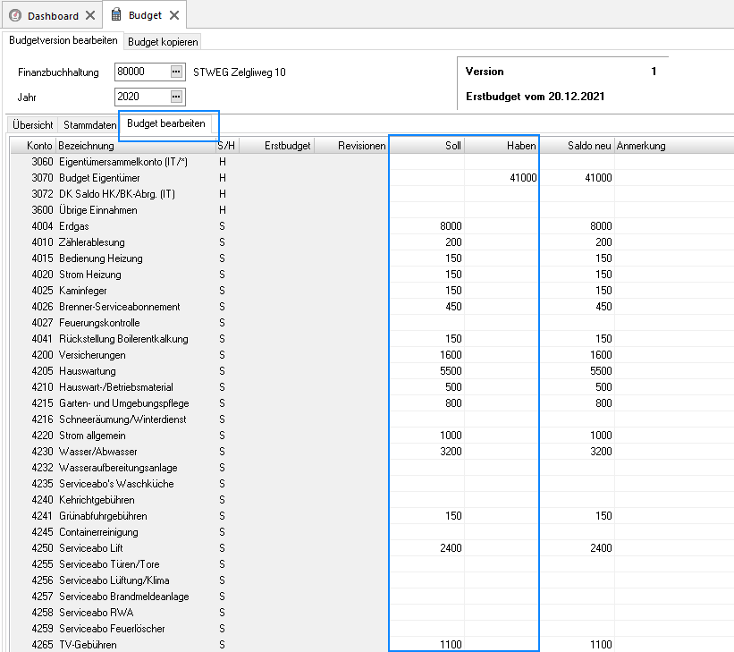Register «Budgetversion bearbeiten», Reiter «Budget bearbeiten»: die Spalten Soll und Haben sind hervorgehoben und lassen sich je Konto von Hand überschreiben.