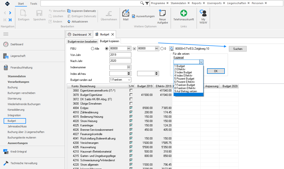 Rimo R5, Finanzbuchhaltung / Verarbeitungen / Budget, Register «Budget kopieren»: FIBU, «Von Jahr» und «Nach Jahr» gesetzt, die Liste «Kopierart» zeigt 1 Budget bis 9 Auf Betrag setzen.