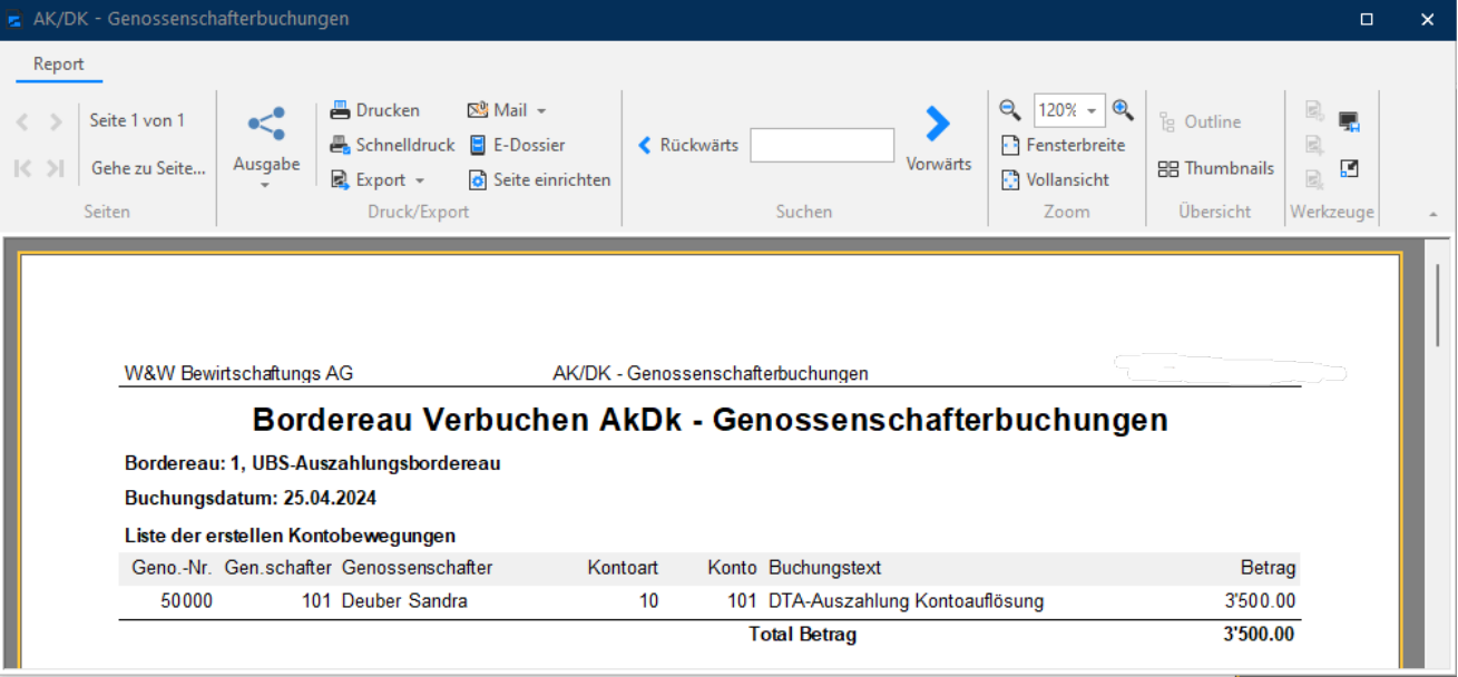Bordereau «Verbuchen AkDk - Genossenschafterbuchungen»: je Zeile Genossenschaft, Genossenschafter, Kontoart, Konto und Buchungstext «DTA-Auszahlung Kontoauflösung» mit Betrag, darunter das Total.
