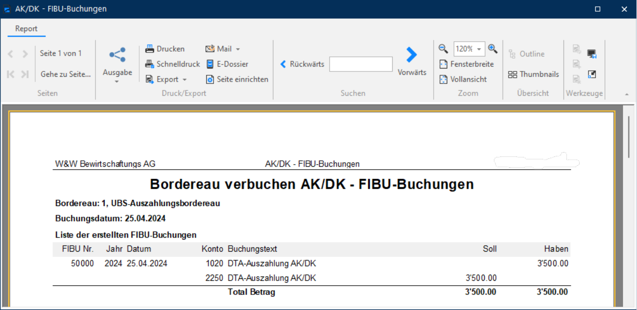 Bordereau «verbuchen AK/DK - FIBU-Buchungen» zum selben Lauf: die Auszahlung läuft über Konto 1020 im Haben und Konto 2250 im Soll, Total 3'500.00 auf beiden Seiten.
