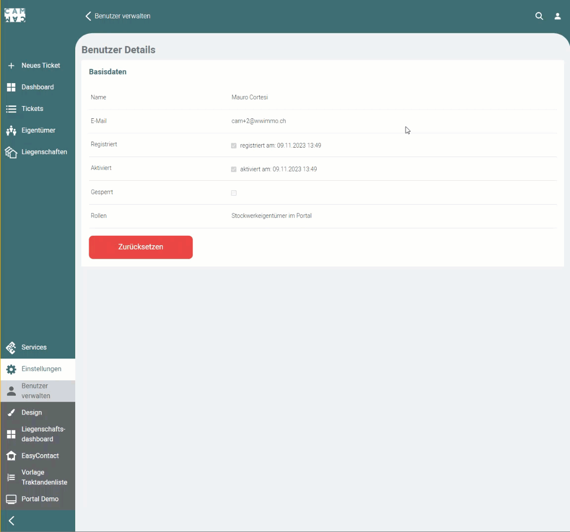 Screenshot: Benutzer-Detailansicht mit Button „Zurücksetzen