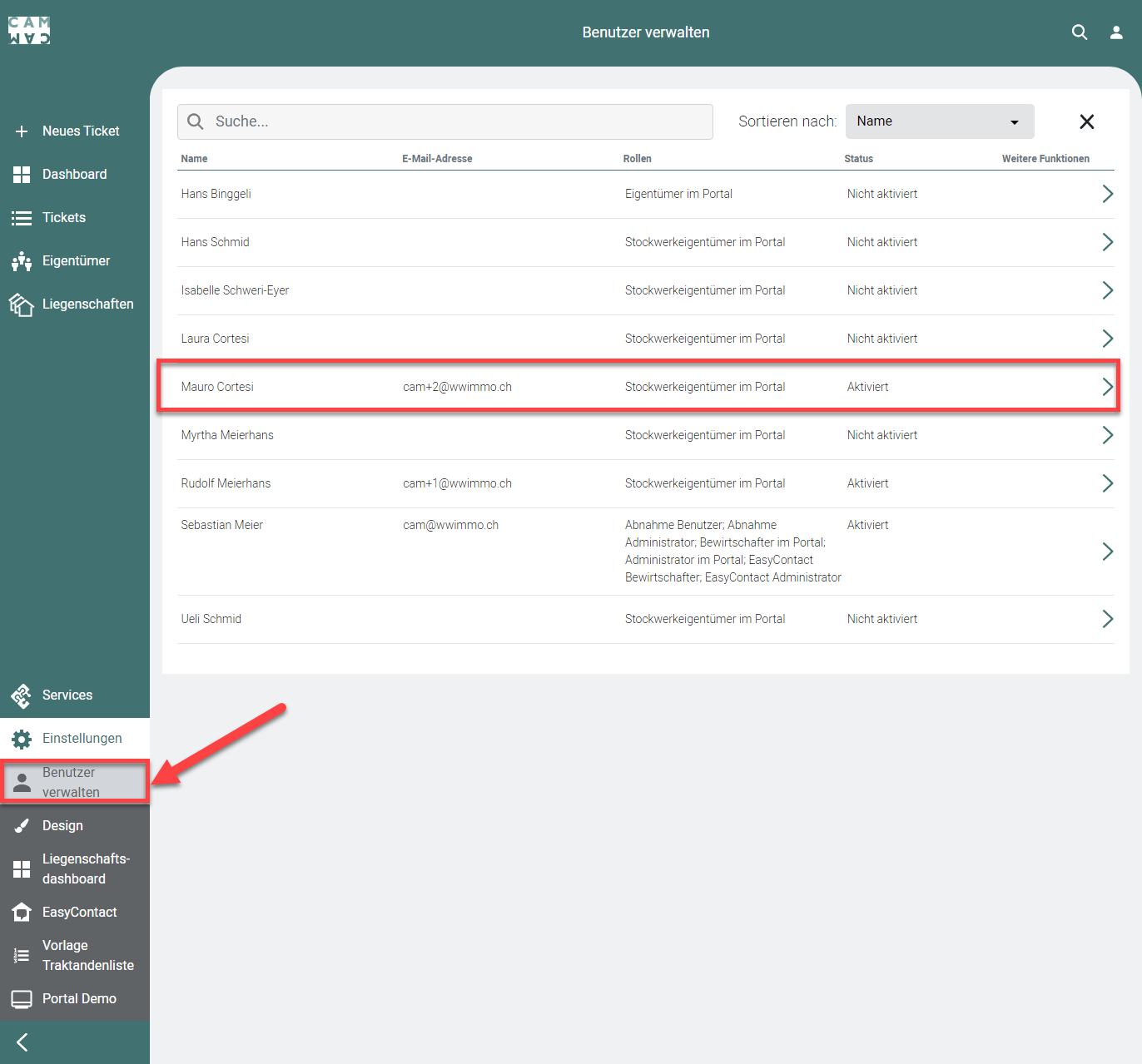 Screenshot: Liste „Benutzer verwalten
