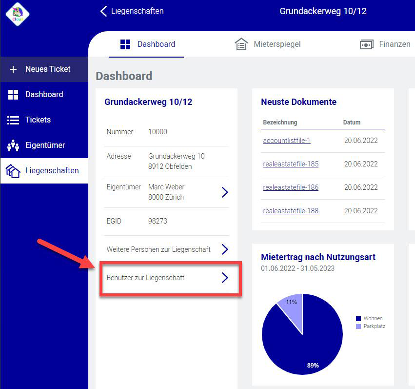 Screenshot: Liegenschafts-Dashboard mit Link „Benutzer zur Liegenschaft