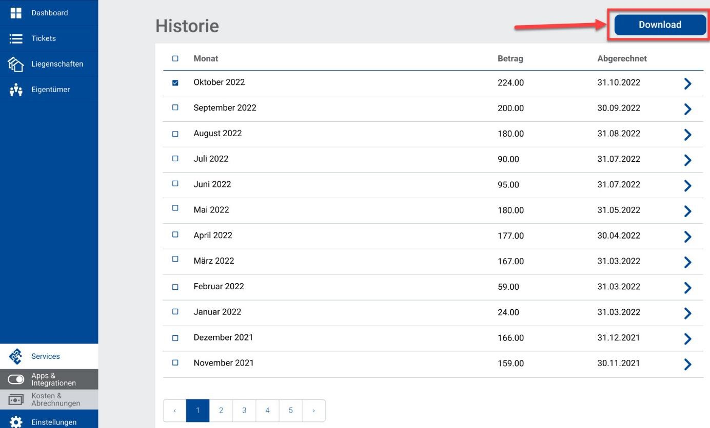 Screenshot: Kosten-Historie mit Download-Button für den CSV-Export