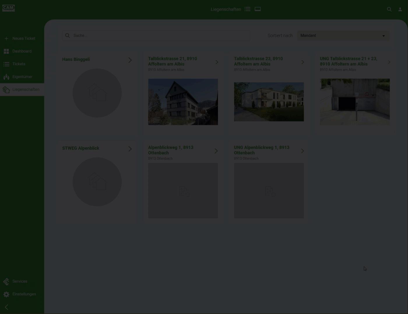 Screenshot: Übersichtsliste aller Liegenschaften eines Mandanten