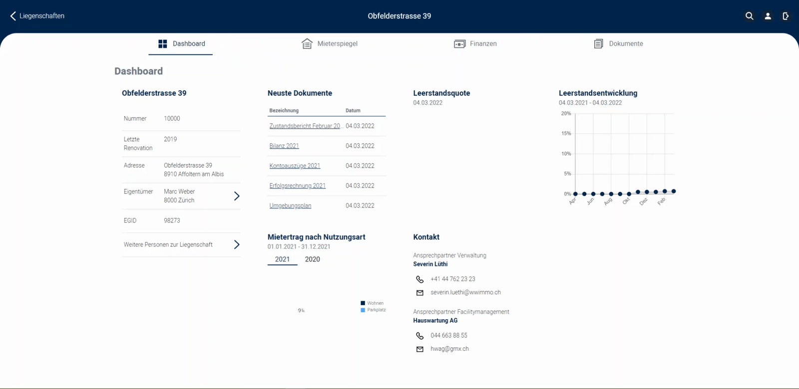 Screenshot: Liegenschaftsdashboard ohne Standortkarte