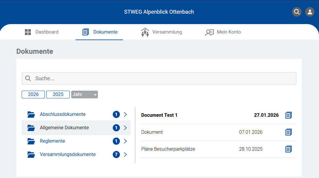 Screenshot: Dokumentenliste mit hervorgehobenen neuen Einträgen