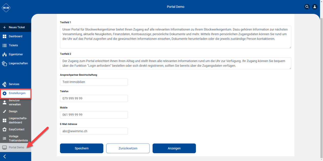 Screenshot: Einstellungsmaske „Portal Demo
