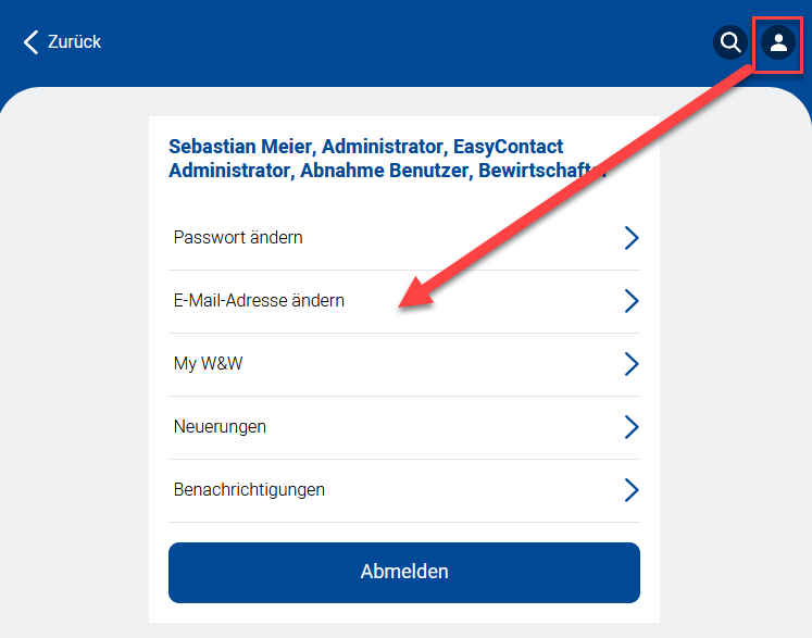 Screenshot: Profilmenü mit Option „E-Mail-Adresse ändern