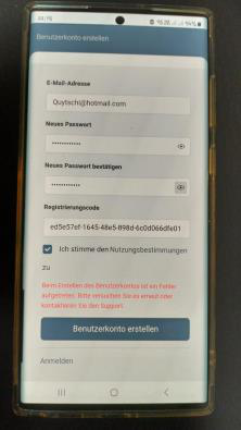 Screenshot: Fehlermeldung beim Erstellen eines Benutzerkontos bei der Registrierung