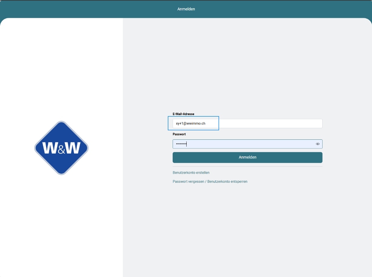 Screenshot: wwPortal Login mit Alias-Adresse xy+1@wwimmo.ch