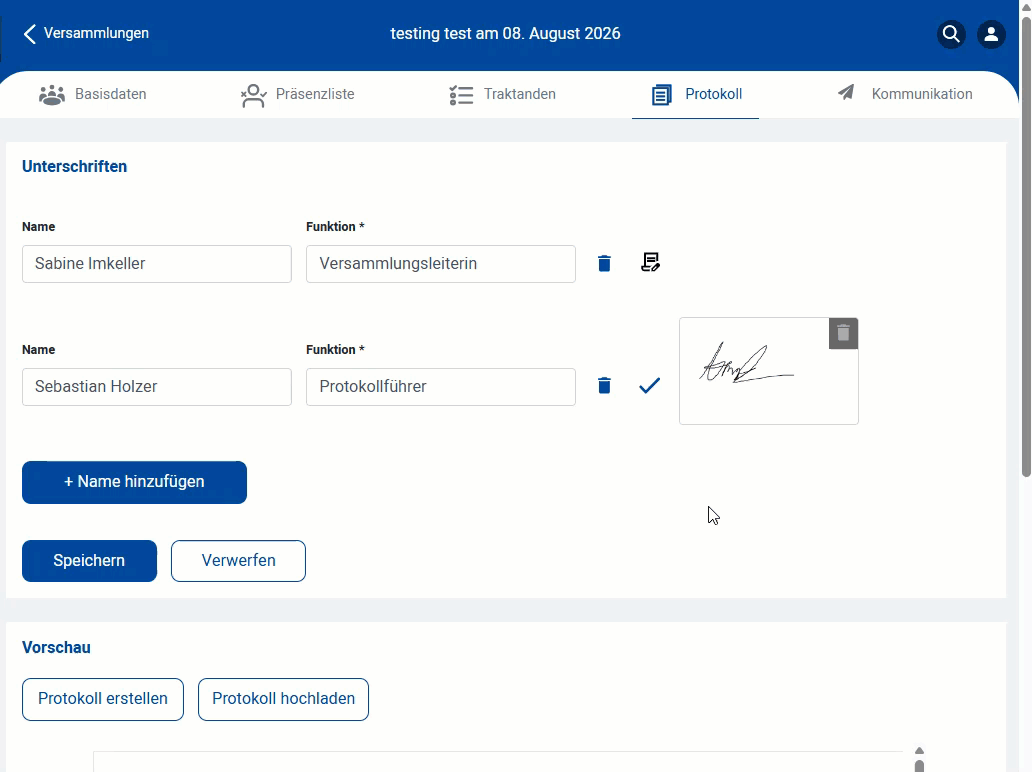 Screenshot: Digital hinterlegte Unterschrift im Protokoll-Register
