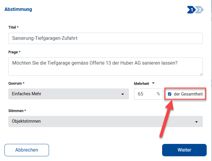 Screenshot: Checkbox „der Gesamtheit