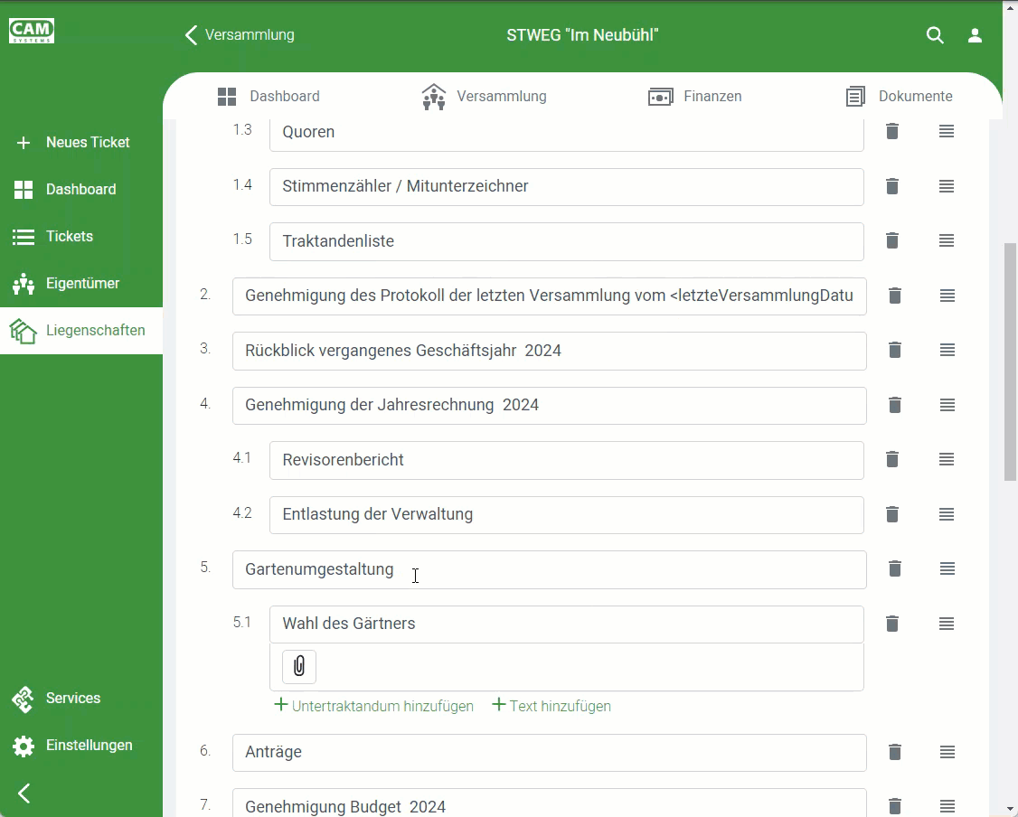 Screenshot: Traktandenliste mit Beschreibungsfeld pro Traktandum