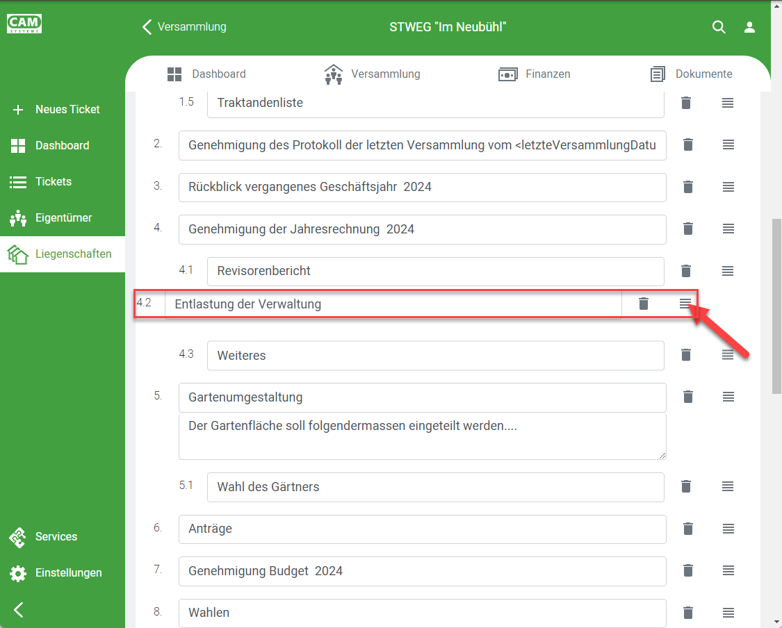 Screenshot: Untertraktanden mit Drag-Handle zum Neuanordnen