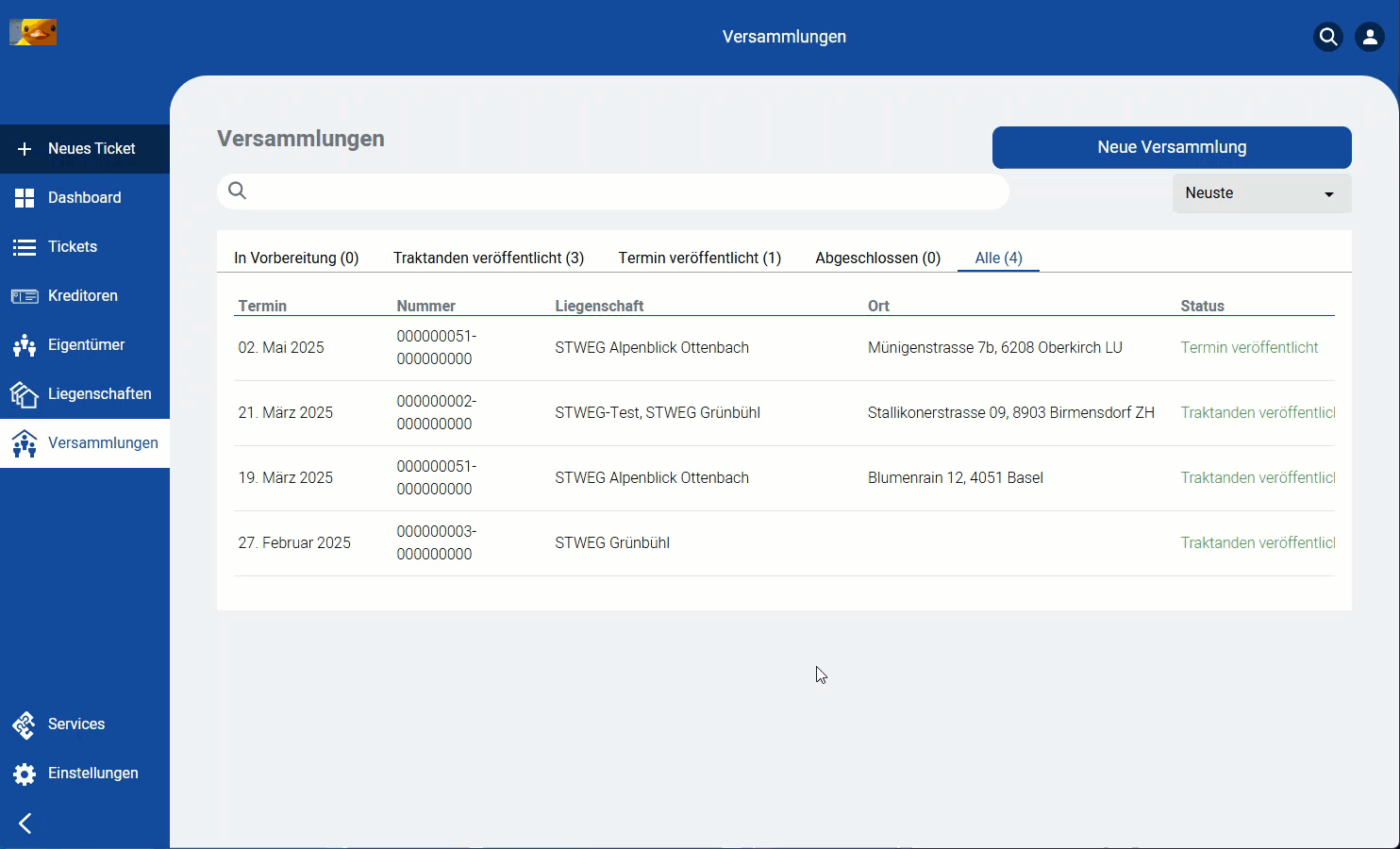 Screenshot: Versammlungsübersicht mit Status-Filtern (In Vorbereitung, Traktanden veröffentlicht, Termin veröffentlicht, Abgeschlossen, Alle)