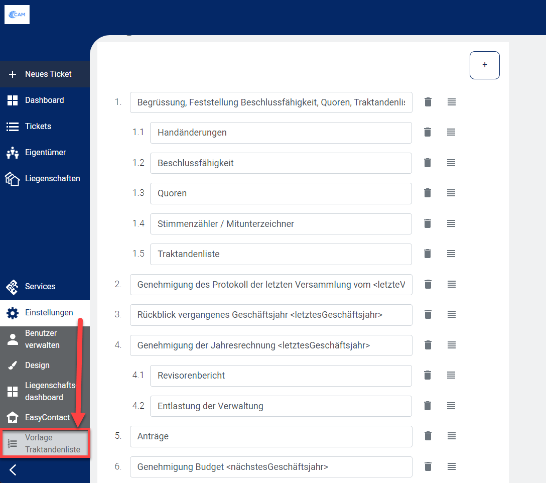 Screenshot: Einstellungsmaske „Vorlage Traktandenliste
