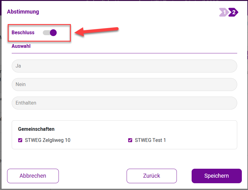 Screenshot: Abstimmungsmaske mit dem Schalter 