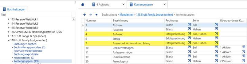 Screenshot: Kontengruppen-Übersicht mit uneindeutiger Soll/Haben-Zuordnung bei Erfolgsrechnungs-Konten