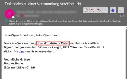 Screenshot: Automatische Benachrichtigungs-Mail an die Eigentümer über aktualisierte Versammlungsdaten