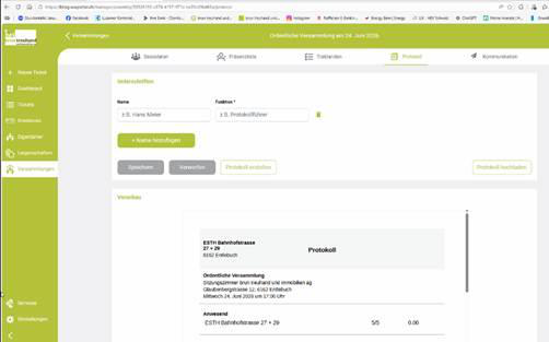 Screenshot: Protokoll-Register mit Button zum Veröffentlichen