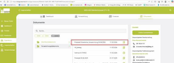 Screenshot: Veröffentlichtes Protokoll sichtbar im Dokumente-Register
