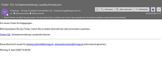 Screenshot: Beispiel einer automatisch generierten Ticket-Benachrichtigungs-Mail