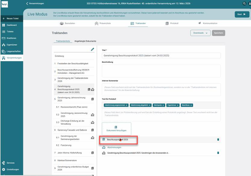 Screenshot: Traktandum mit aktivem Schalter 