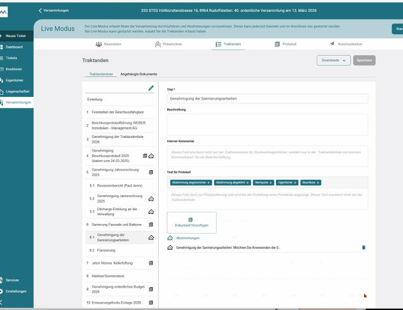 Screenshot: Traktandum ohne aktiven Beschluss-Schalter, ohne Anhang-Zeile im Protokoll