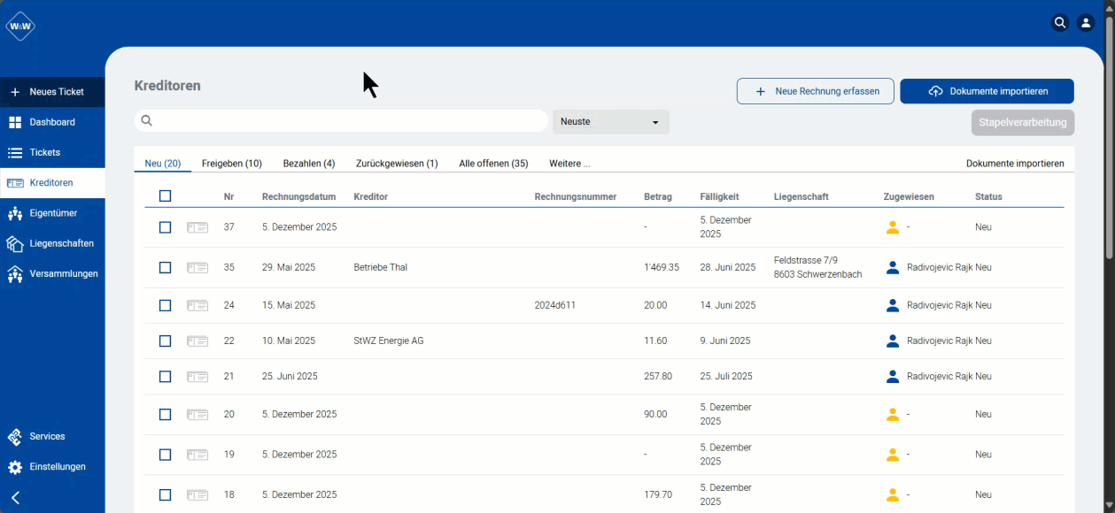 Screenshot: Liste der erfassten Kreditoren-Rechnungen